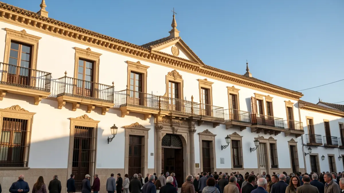 Facade of a traditional Andalusian town hall with ornate balconies and white walls, under warm afternoon light.