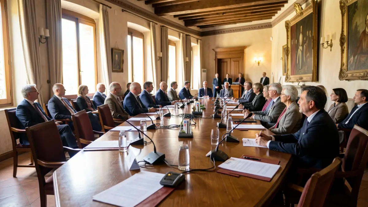 Meeting room in an Andalusian town hall with table and microphones.
