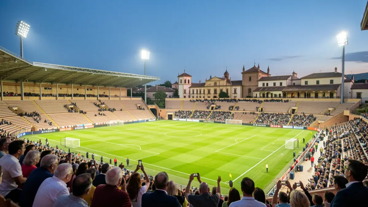 Estadio de fútbol andaluz al atardecer, con luces encendidas y gradas vacías.