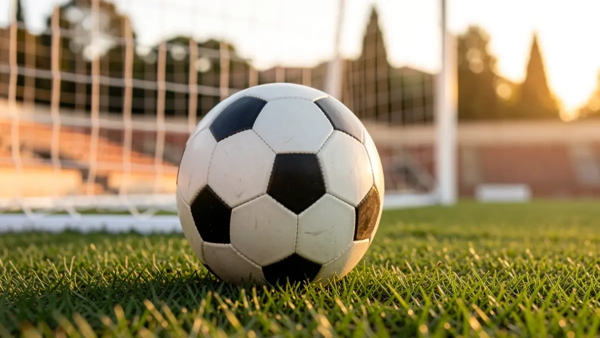 Generic image of a soccer ball on grass in a stadium.