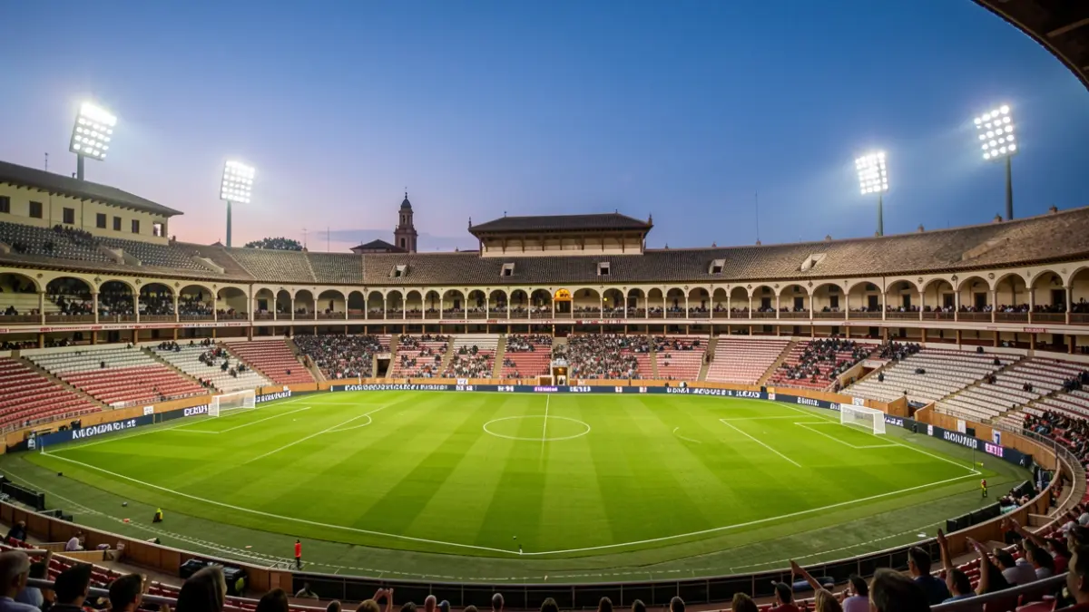 Imagen genérica de un estadio de fútbol andaluz al atardecer.