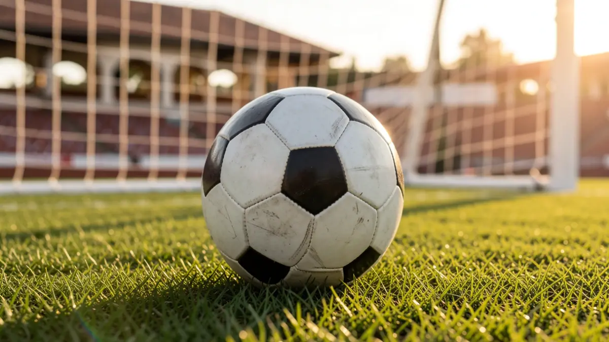 Generic image of a soccer ball on grass with a blurred goal net at sunset.
