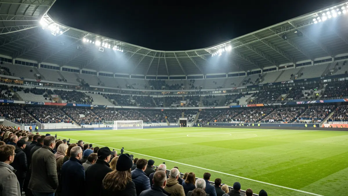 Generic image of a football field with empty stands and grass, illuminated by floodlights.