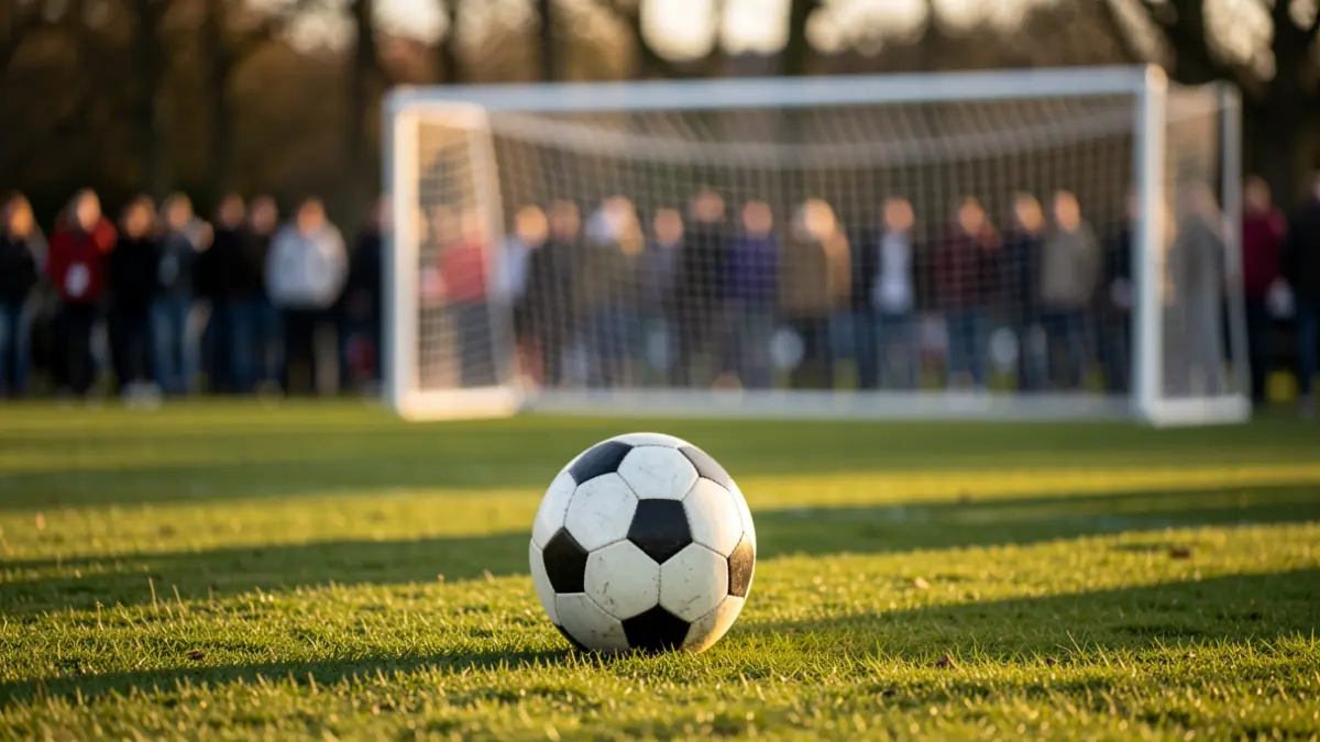 Pelota de fútbol sobre césped con portería desenfocada al atardecer.