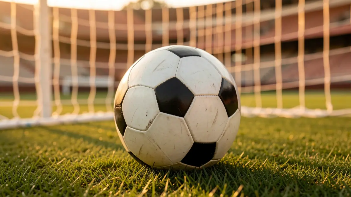 Imagen genérica de un balón de fútbol sobre césped con la red de portería desenfocada.