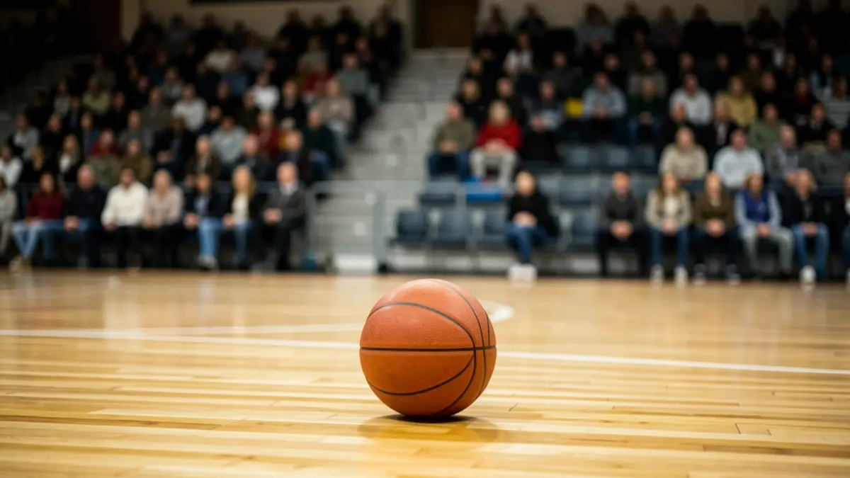 Generic image of a basketball court with a ball in the center.