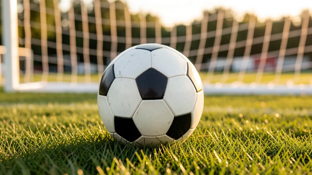 Generic image of a soccer ball on grass with the goal net blurred.