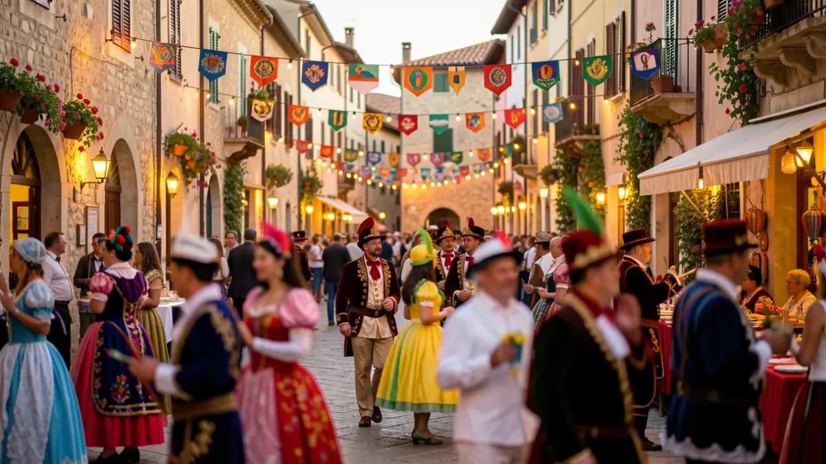 Imagen genérica de un carnaval en una plaza de pueblo andaluz con ambiente festivo y luces cálidas.