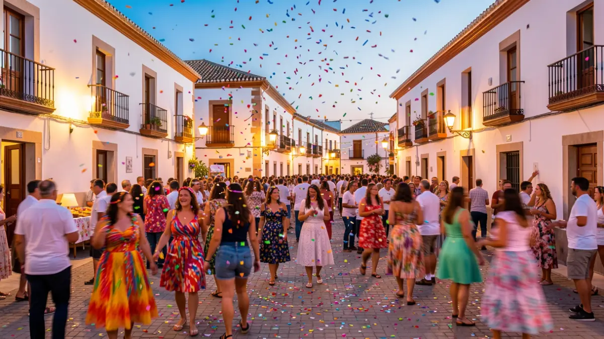 Imagen genérica de un carnaval de verano en una plaza andaluza al atardecer, con gente festiva y luces.