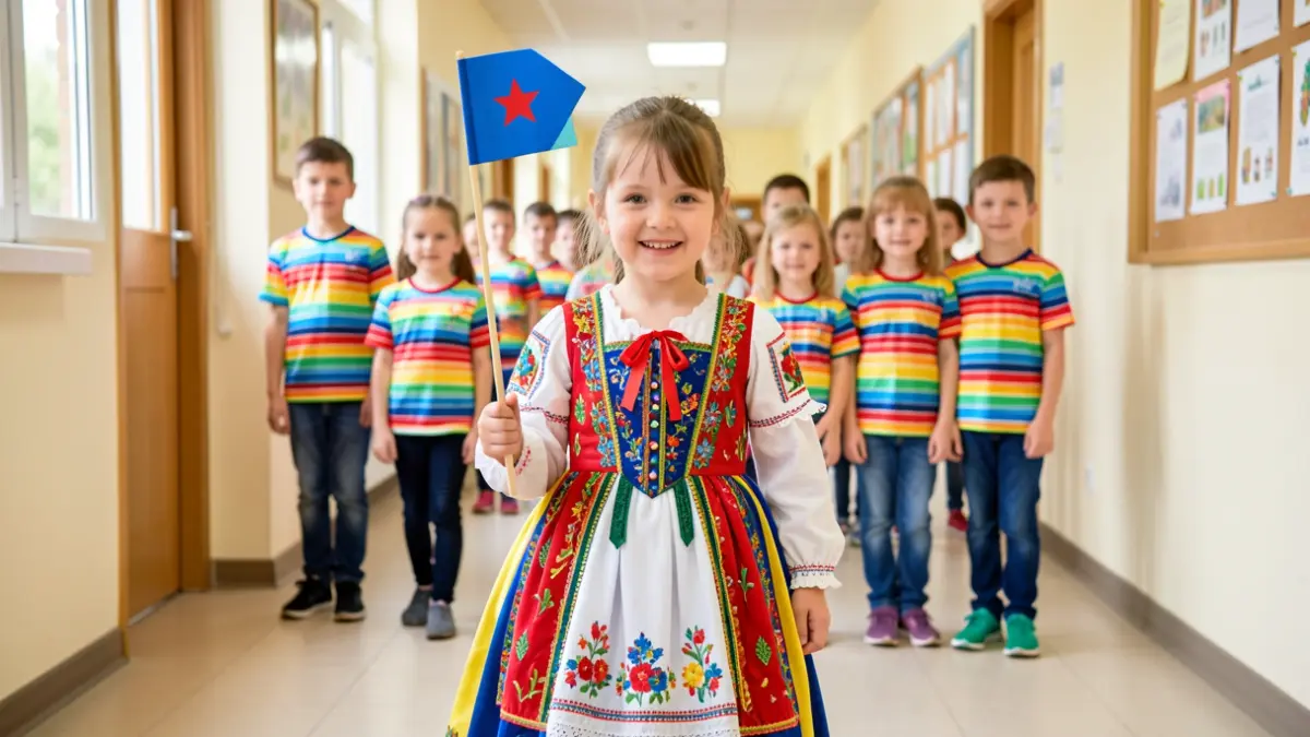Imagen de un niño vestido con traje de gala multicolor, rodeado de escolares.