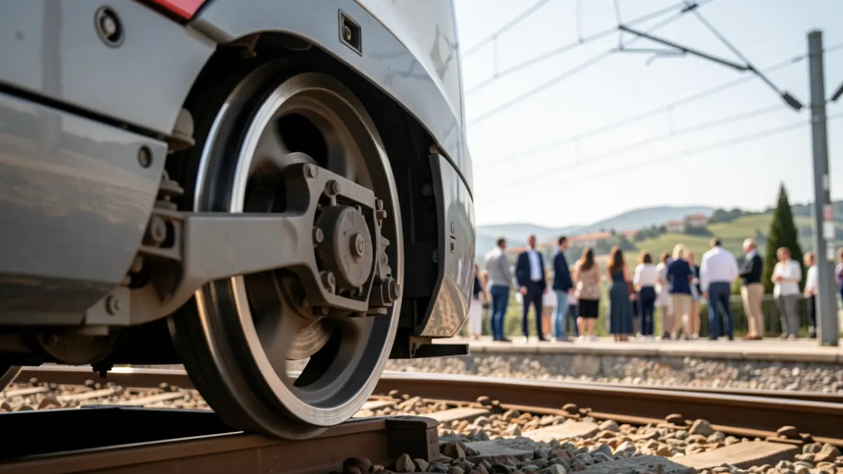 Close-up of an electric train's wheel on a track, with blurred overhead power lines and a hint of a Mediterranean landscape in the background.