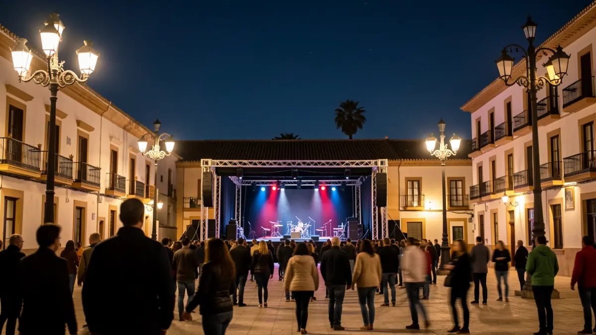 Escena de teatro al aire libre en una plaza andaluza con farolas y público difuminado.