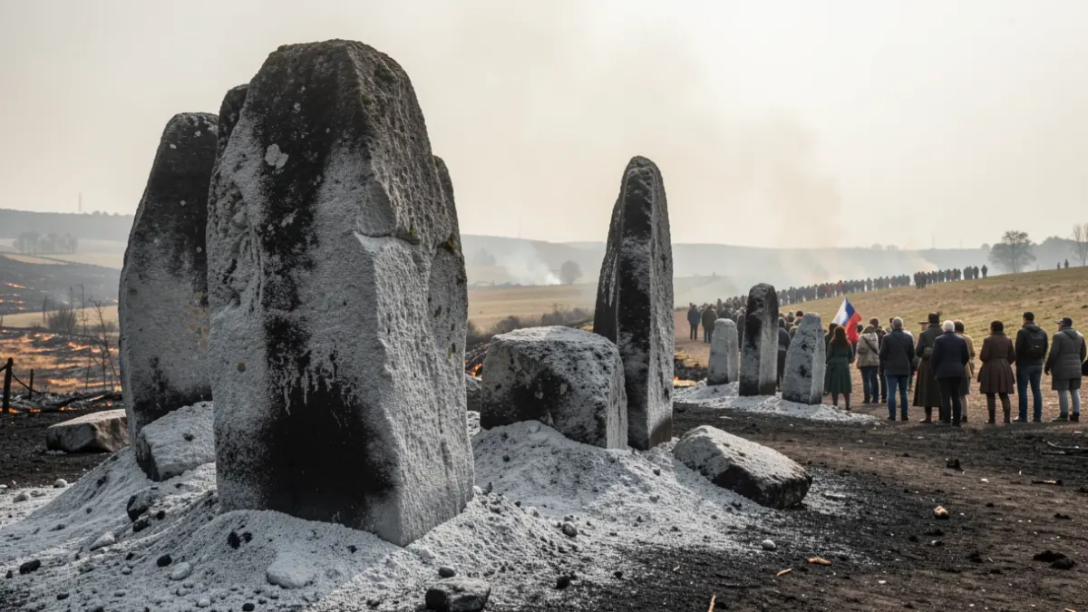 Conjunto megalítico afectado por el humo de un incendio forestal.