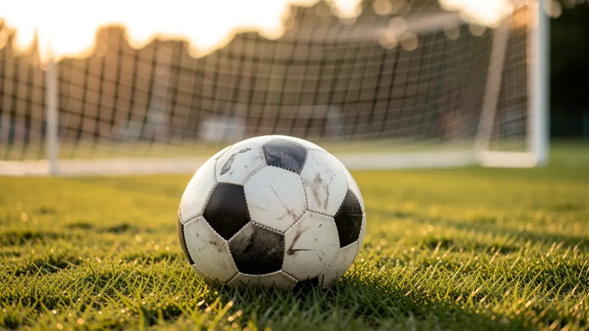 Generic image of a football on the grass with the goal blurred in the background.