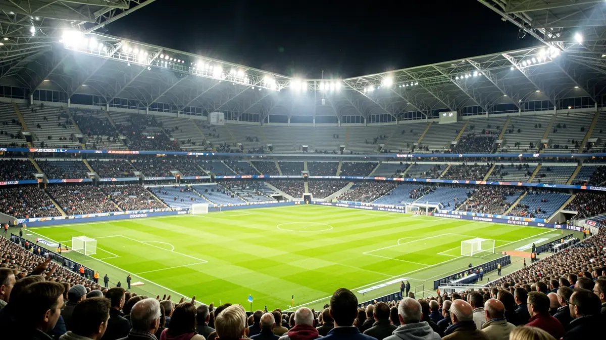 Imagen genérica de un estadio de fútbol vacío por la noche.