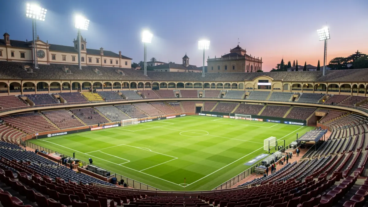 Estadio de fútbol andaluz al atardecer, con el campo iluminado y gradas vacías.
