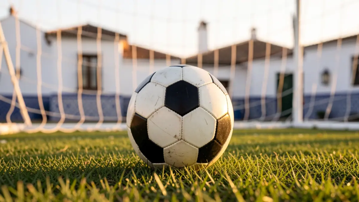 Imagen genérica de un balón de fútbol sobre césped con una portería desenfocada al fondo.