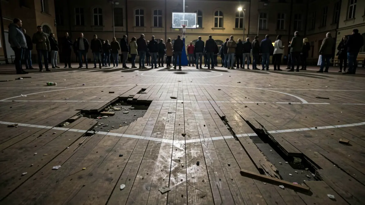 Empty basketball court with damage and debris, dim emergency lighting.