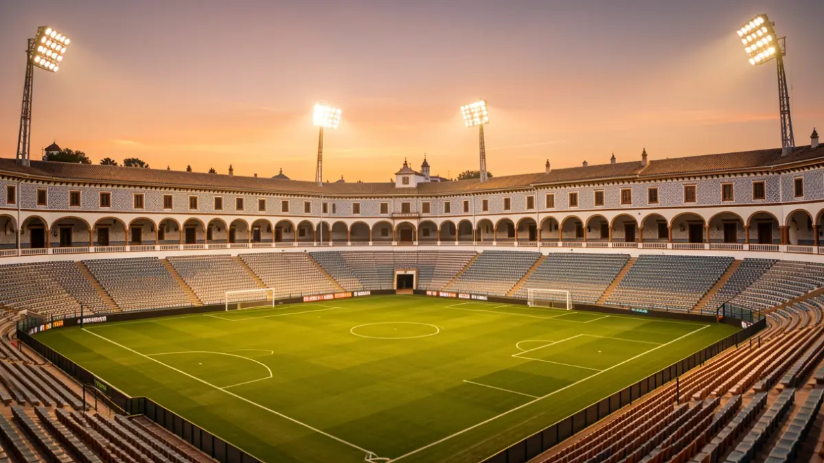 Estadio de fútbol andaluz al atardecer, con gradas vacías e iluminación artificial.