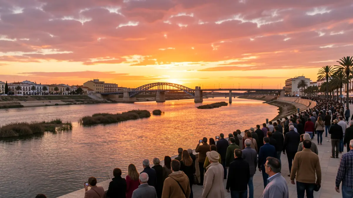 Imagen del atardecer en el río Iro a su paso por Chiclana con el Puente del VII Centenario de fondo.