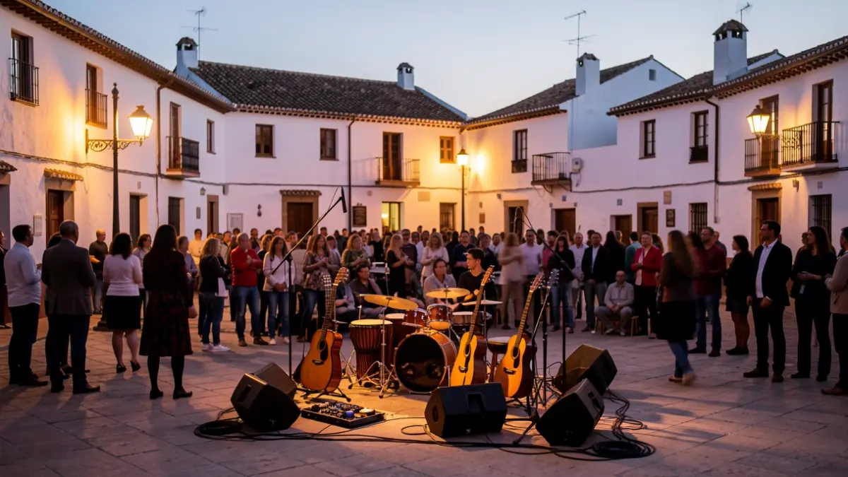 Imagen de un concierto al aire libre en una plaza andaluza al atardecer, con músicos y público disfrutando.