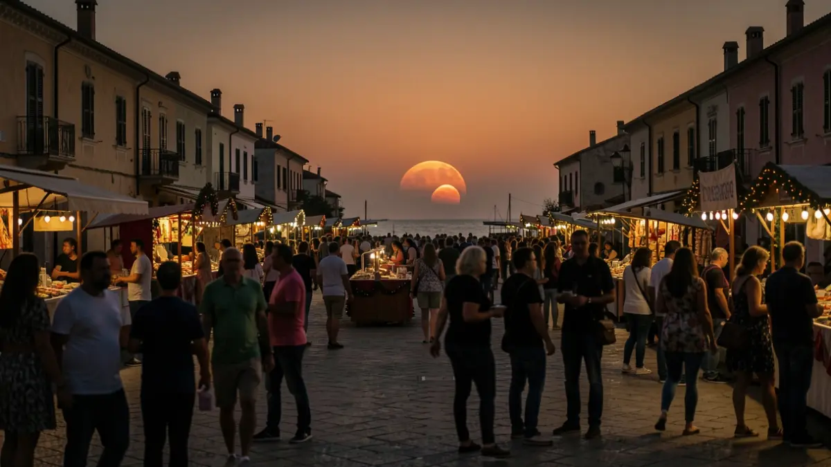 Imagen genérica de un eclipse solar parcial sobre una plaza costera mediterránea al atardecer.