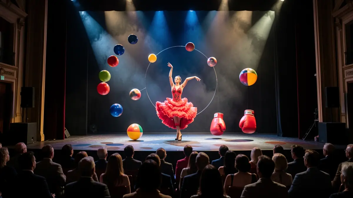Abstract scene of a circus, flamenco, and humor show with symbolic elements.