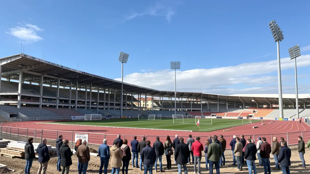 Obras del nuevo estadio de atletismo en San Fernando, con pistas y torres de iluminación en construcción.