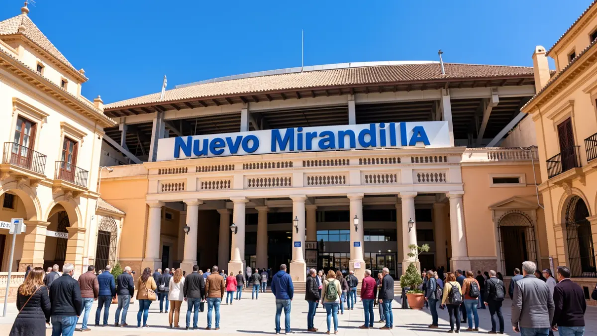 Fachada del estadio Nuevo Mirandilla en Cádiz con el nuevo rótulo.