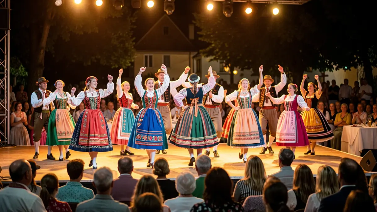 Generic image of a folk performance on an outdoor stage at night, with dancers in traditional costumes and blurred audience.