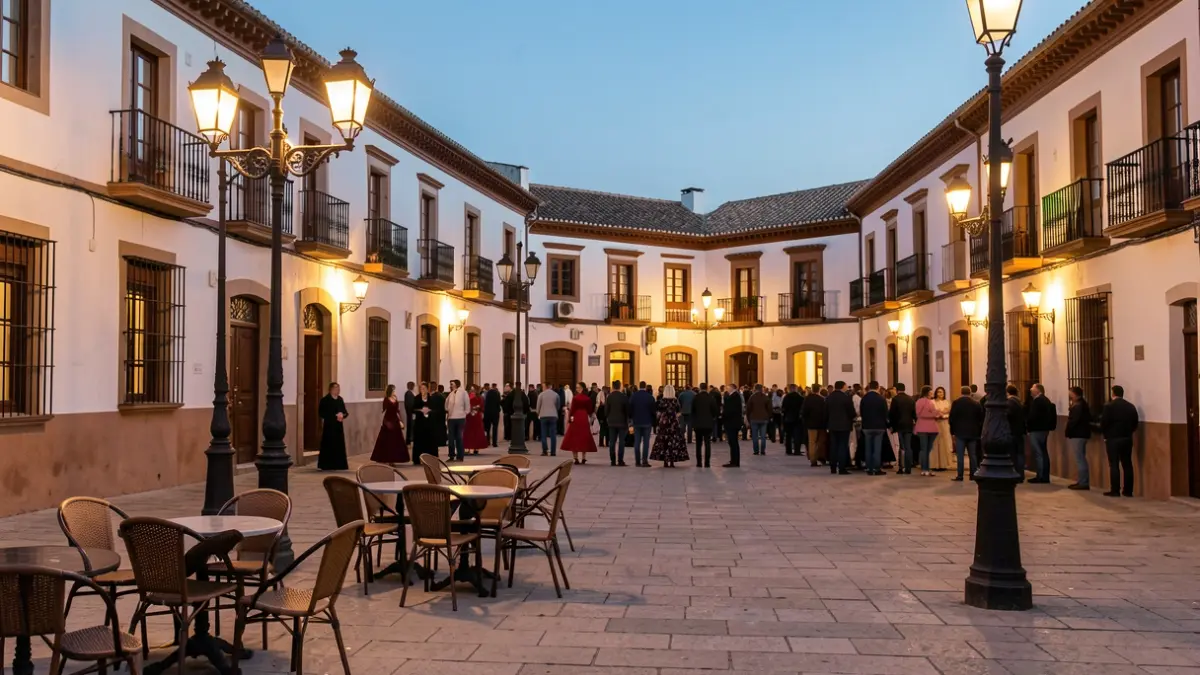 Andalusian square at dusk with streetlamps and empty cafe chairs.