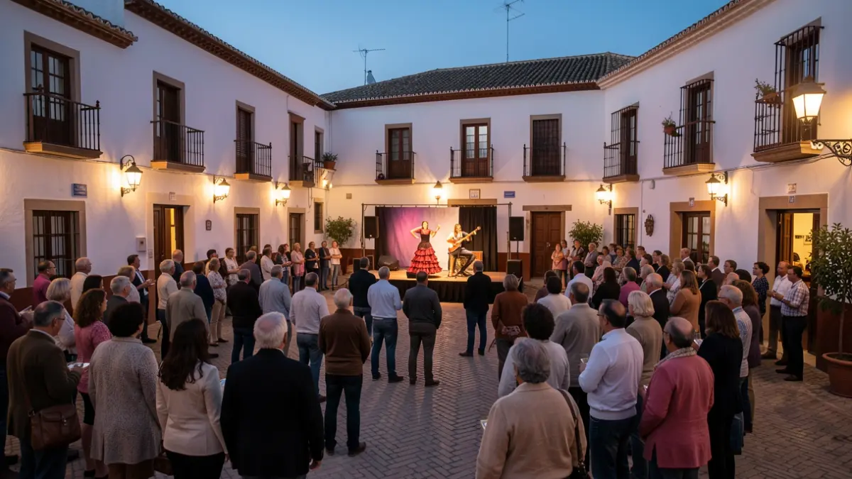 Andalusian plaza with a flamenco stage at dusk.