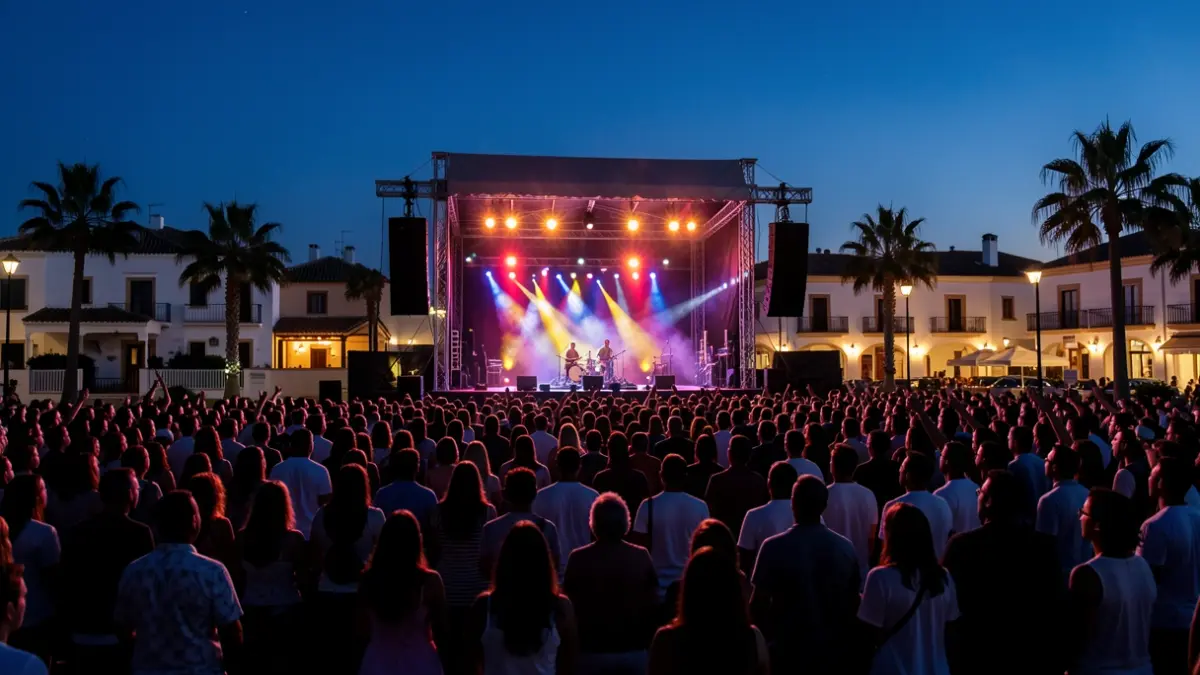 Scene of an outdoor music festival in Fuengirola at dusk, with crowd and lights.