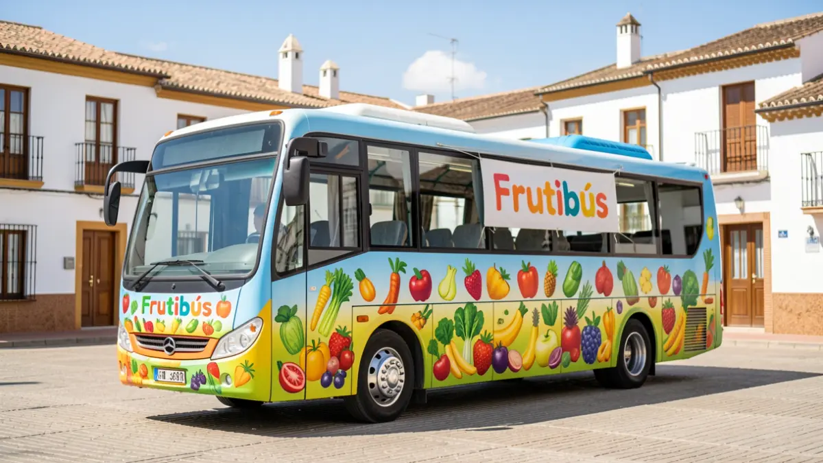 El Frutibús, un autobús educativo sobre alimentación saludable, aparcado en una plaza de Andalucía.