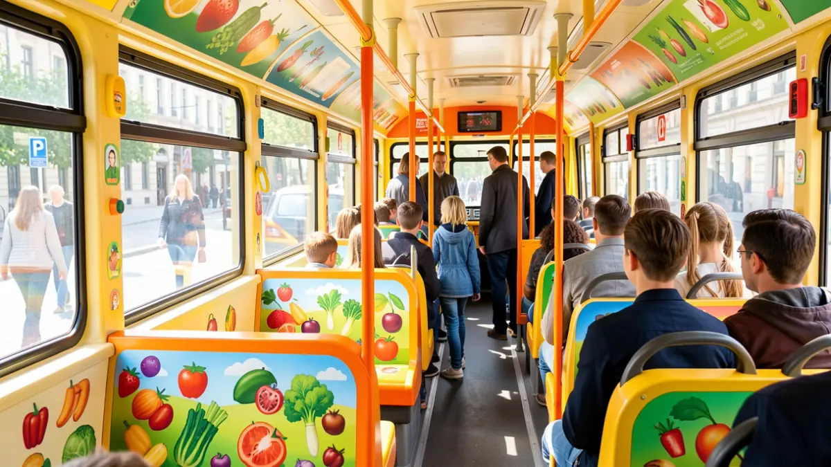 Interior of an educational bus focused on healthy eating for children.