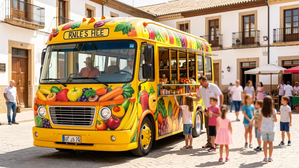 The Junta de Andalucía's 'Frutibús', a bus decorated with fruits and vegetables, visiting a municipality.