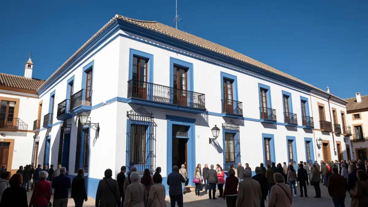 Facade of the Chiclana City Hall with an iron balcony and blue sky.