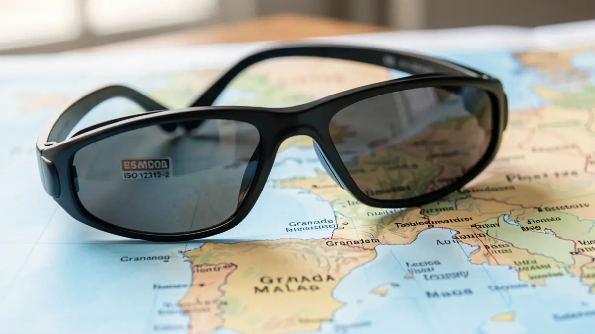 Gafas de eclipse homologadas con el estándar ISO 12312-2 sobre un mapa de España.