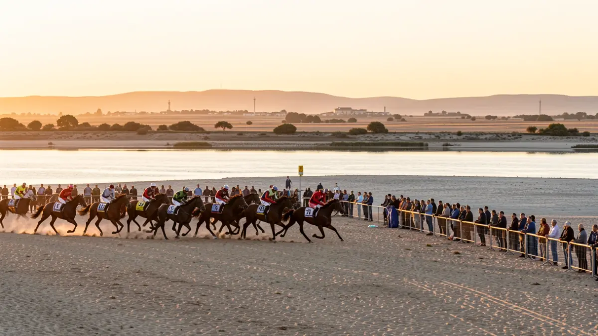 Image of the horse race for the Gran Premio Ciudad de Sanlúcar on the beach.