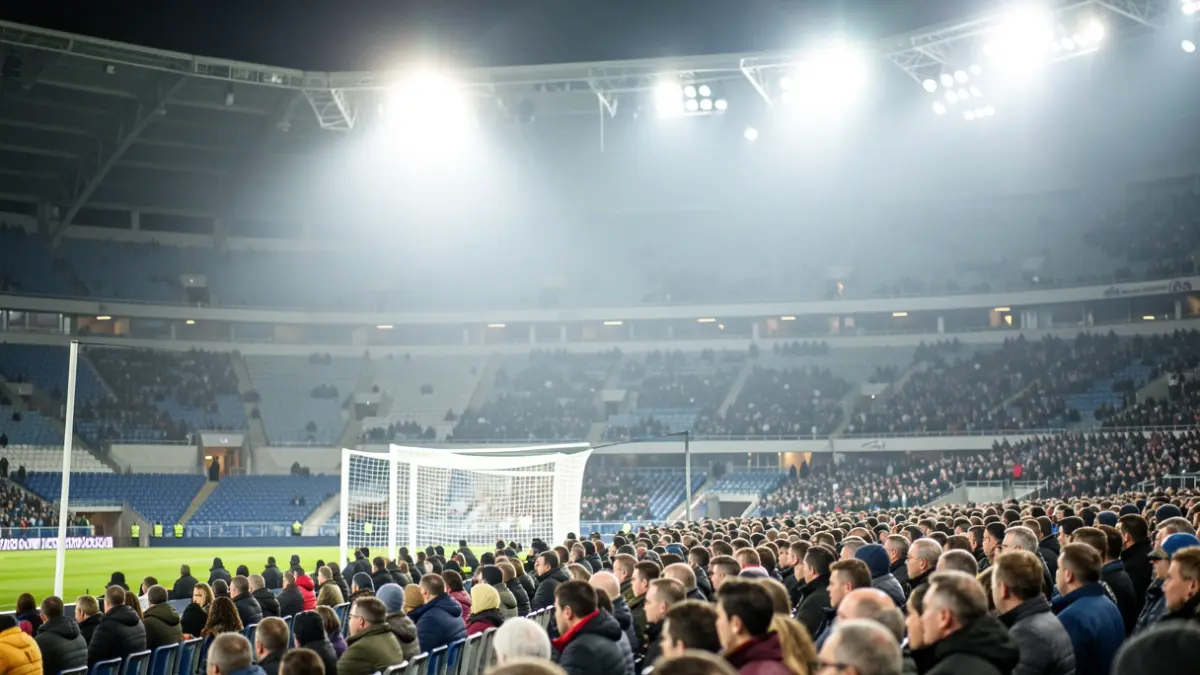 Generic image of an empty football stadium with blurred goal nets.