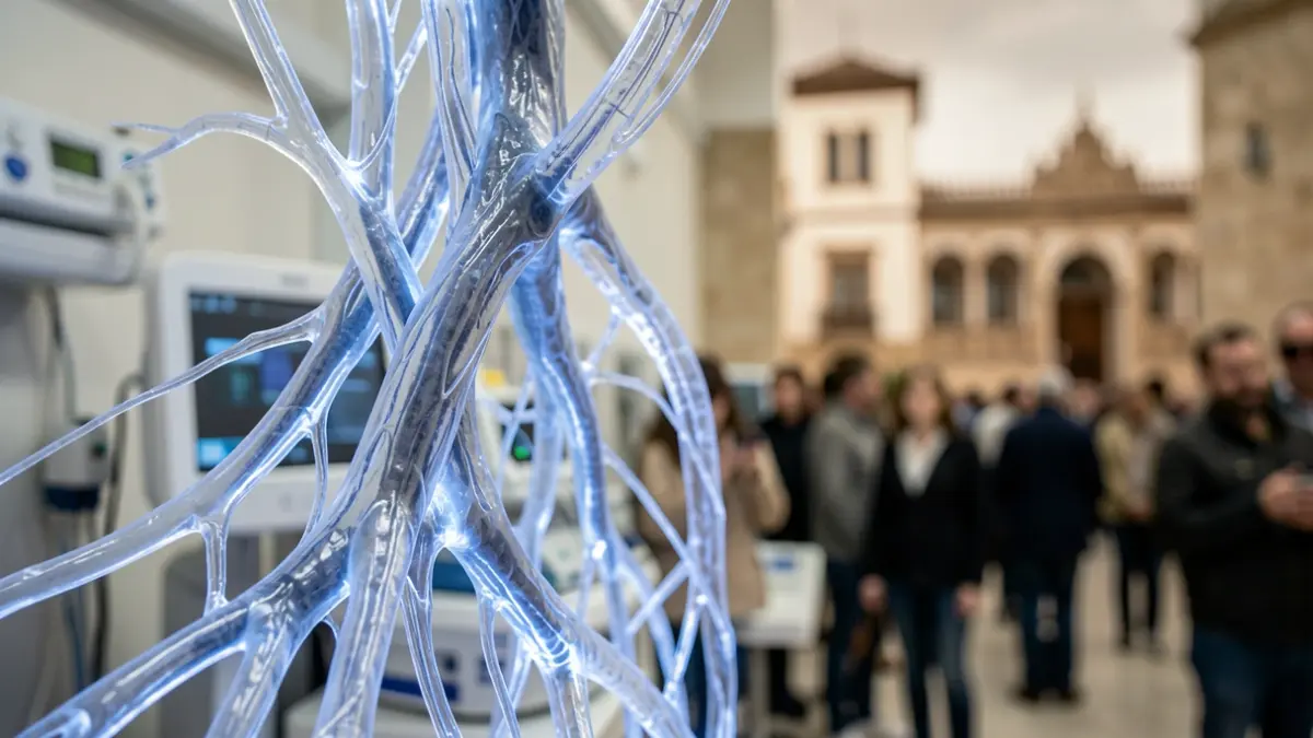Bio-engineered vein structure with soft blue light and Andalusian architectural details in the background.