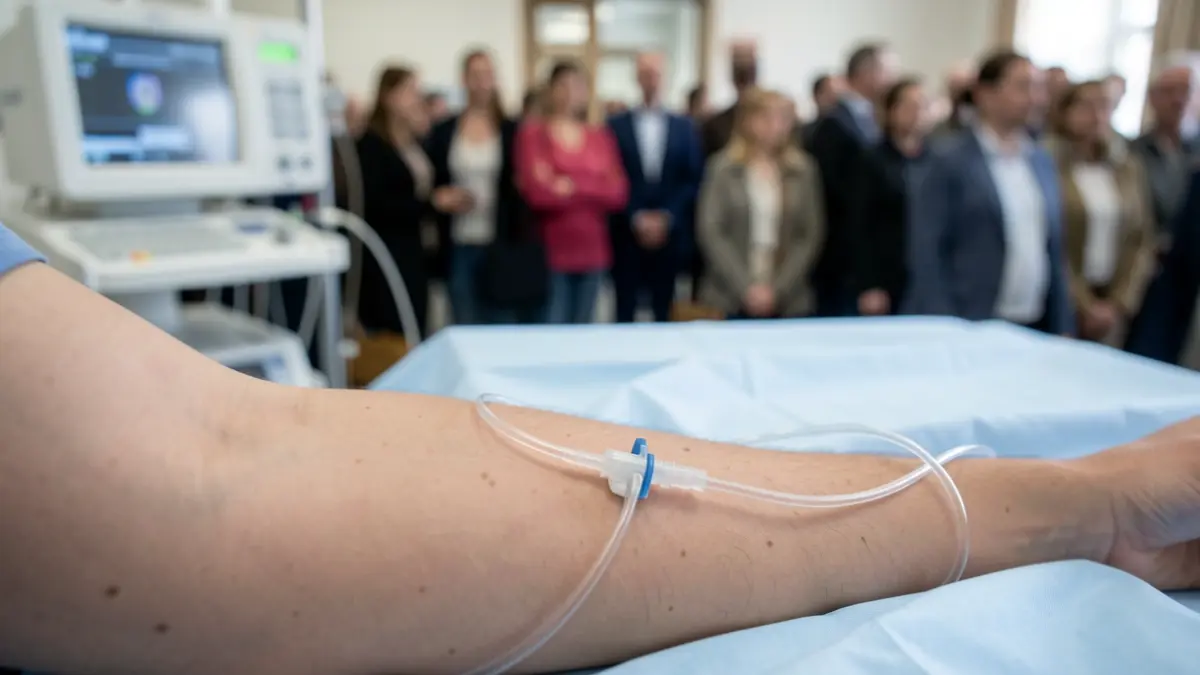 Primer pla d'un catèter intravenós perifèric inserit en el braç d'un pacient, amb equip mèdic difuminat al fons.