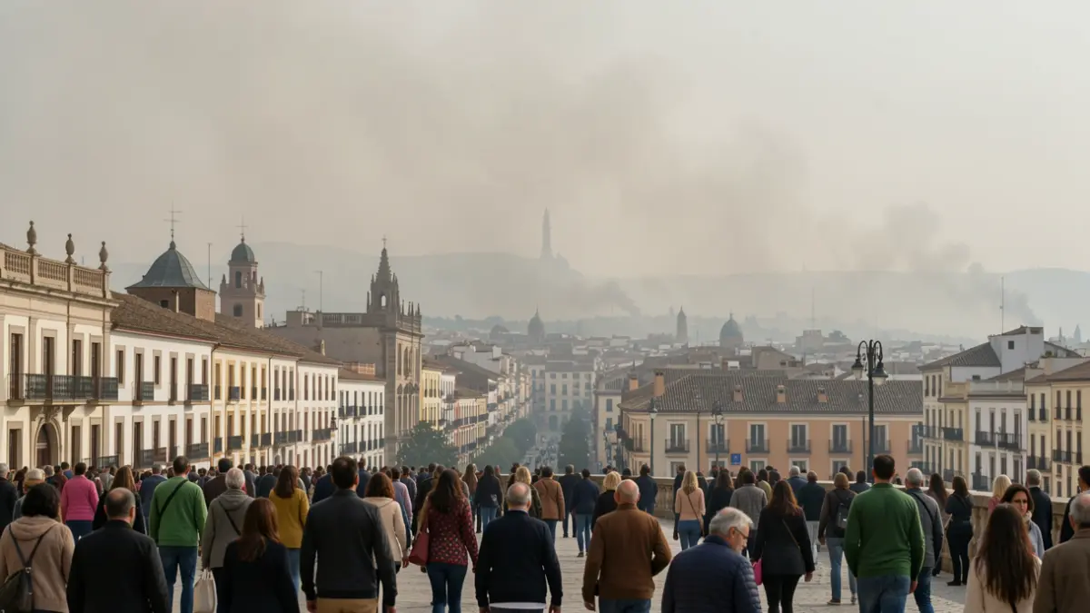 Hazy sky over the city of Córdoba with a visible layer of smoke.