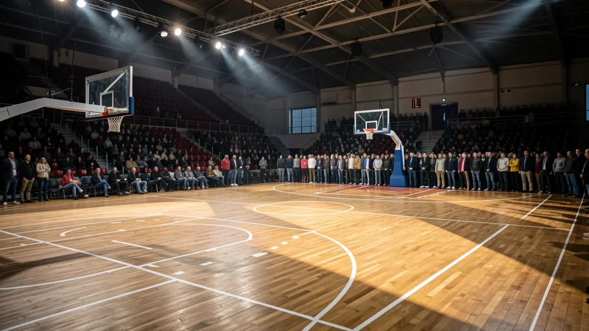 Pista de baloncesto vacía con luces de estadio.