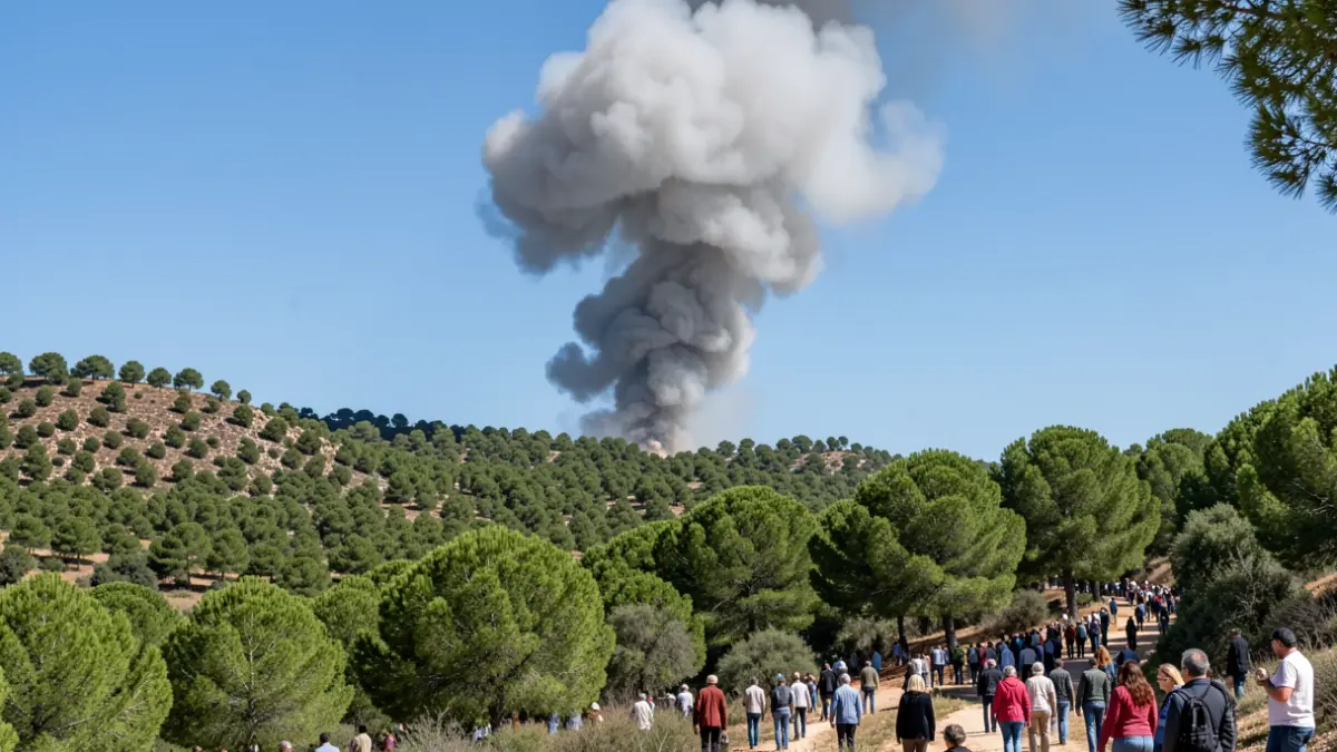 Generic image of a smoke column rising above a pine forest in Andalusia.