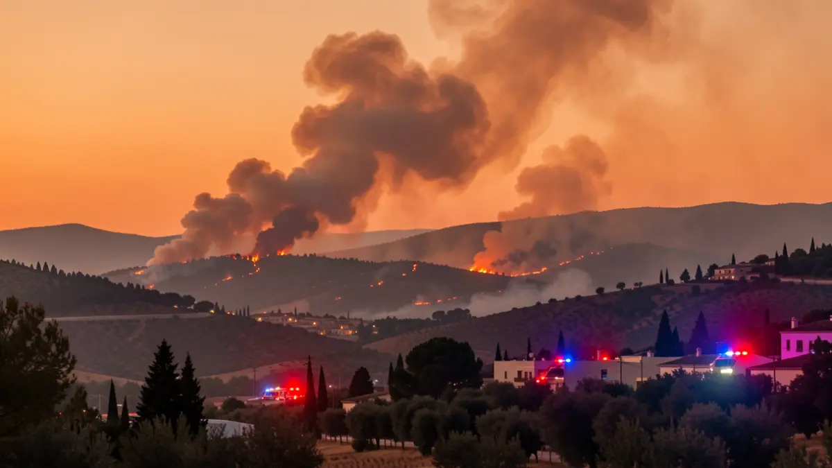 Image of a large wildfire in Andalusia with smoke and flames.