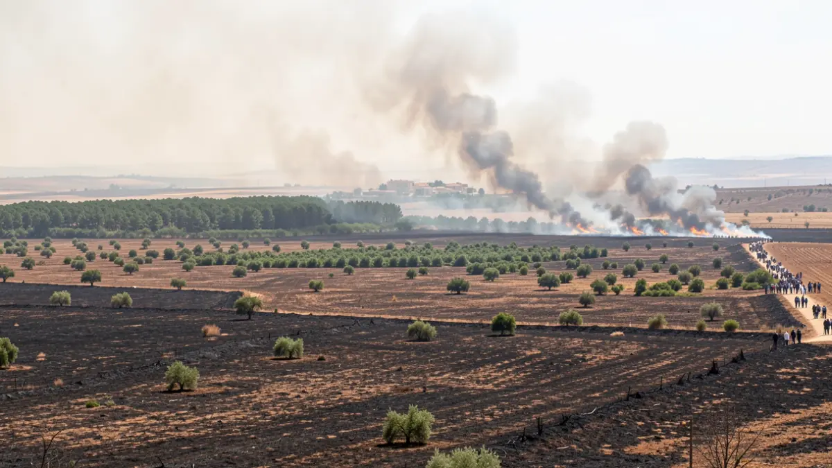 Andalusian landscape with scorched earth and smoke from a forest fire, with intact green areas.