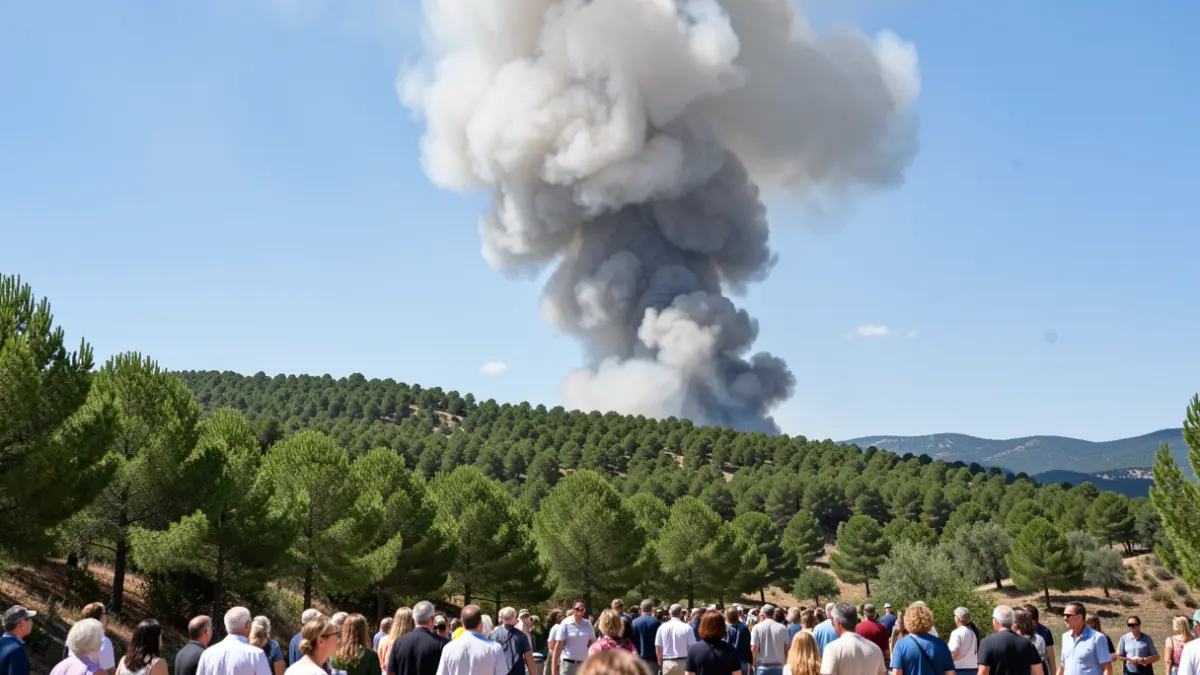 Imagen genérica de una columna de humo de un incendio forestal sobre una ladera de pinos.