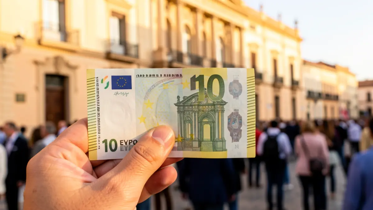 Close-up of a 10 euro banknote in a hand, with a blurred Andalusian government building in the background.