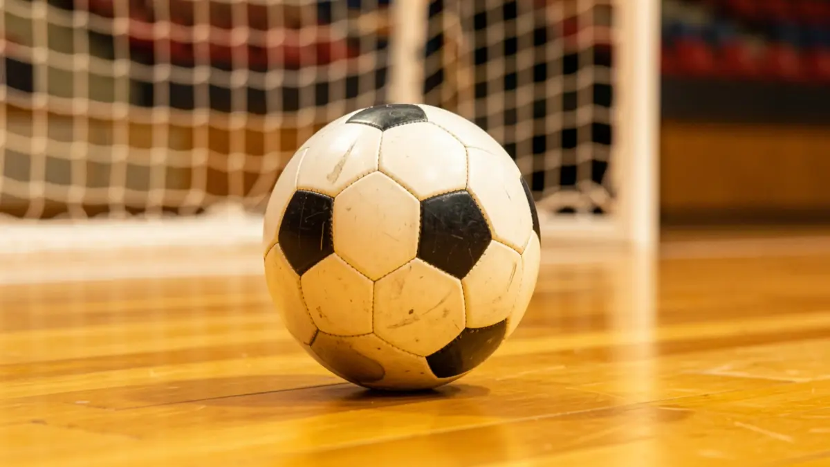 Primer pla d'una pilota de futbol sala sobre la pista de joc.